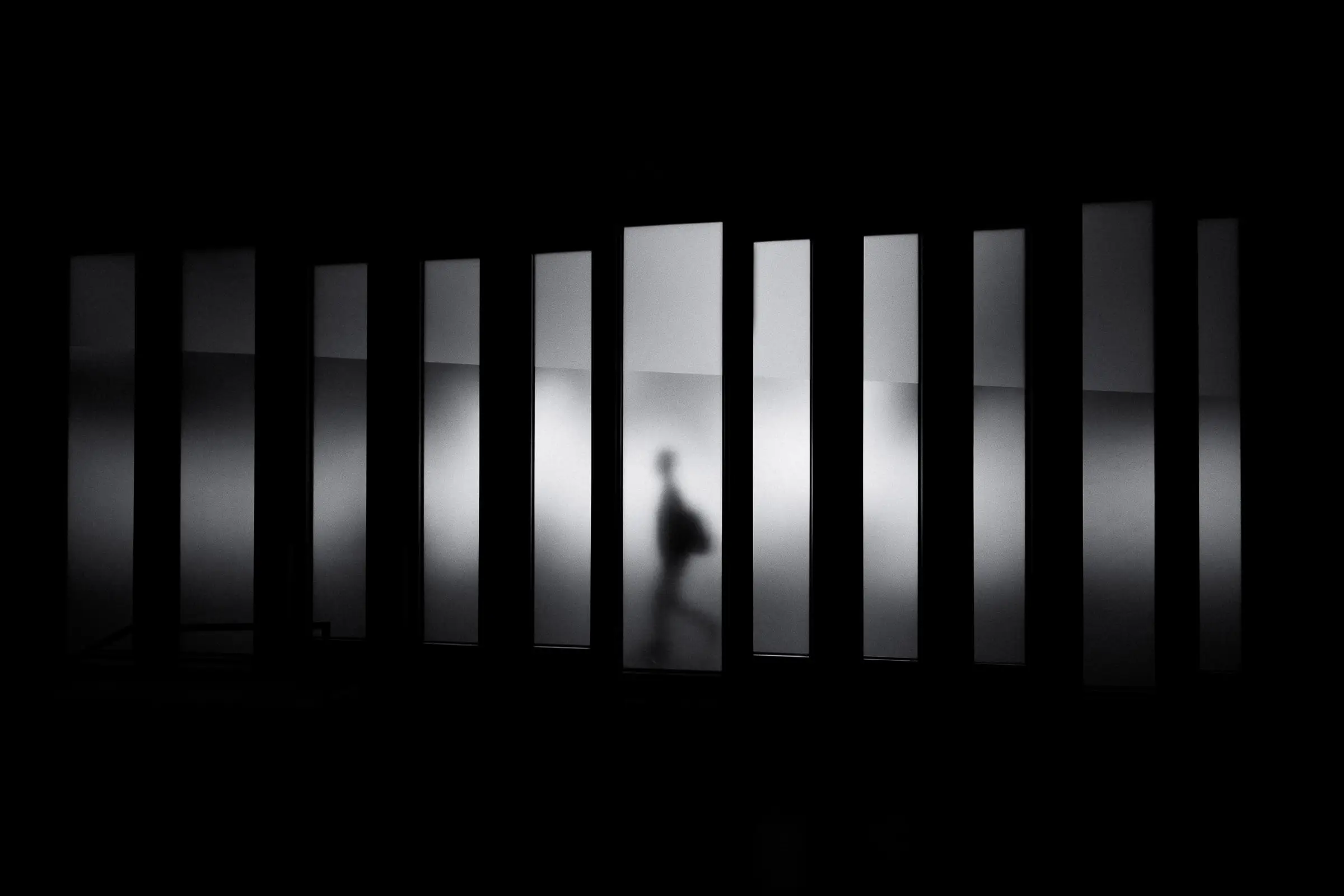 Artistic black and white photo of a person's silhouette seen through vertical light panels
